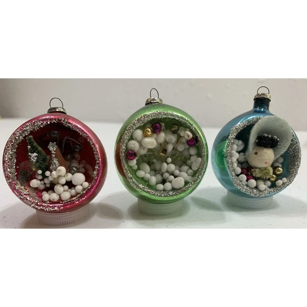 Vintage Antique Diorama Indent Mercury Glass Christmas Ornaments Japan Set Of 3